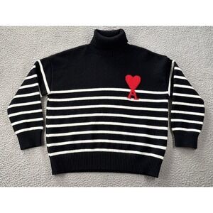 Ami‎ Paris Alexandre Mattiussi Sweater Unisex Large Striped Heart Turtleneck